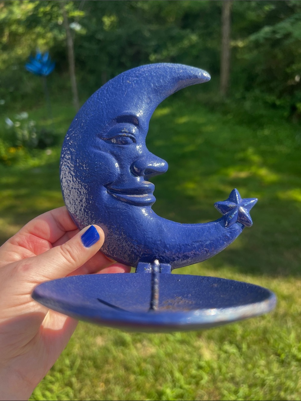 VTG Celestial Blue Cast Iron Crescent Moon Face Pillar Candle Holder Wall Sconce